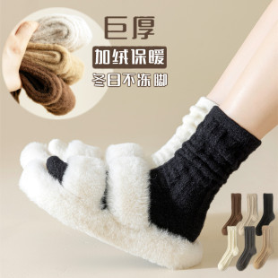 Thick socks women's winter fleece-lined thick twist mid-calf length socks solid color home warm confinement socks sleep stockings women