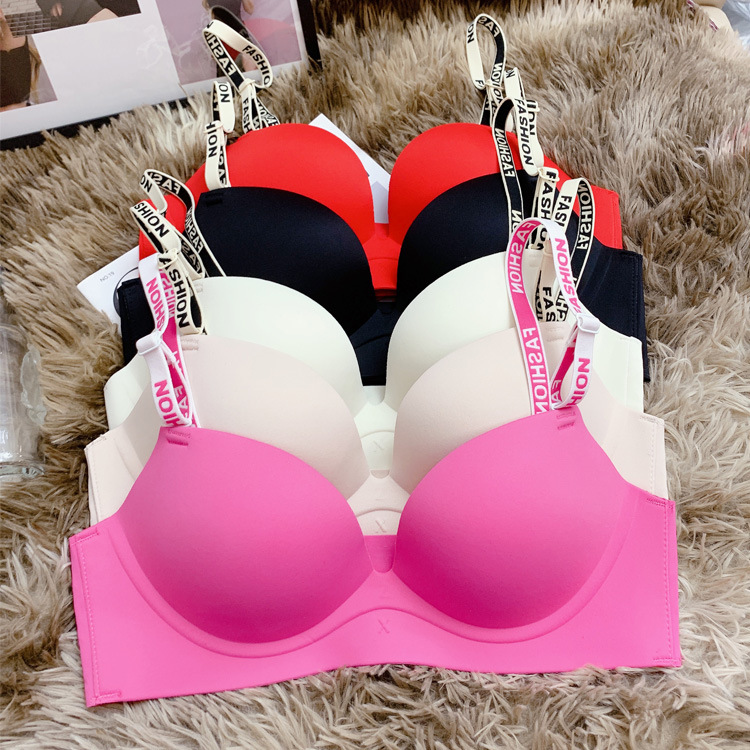 985 moda sexy carta correa de hombro brillante ropa interior sin costuras cómodo inalámbrico grueso pequeño pecho empuja hacia arriba el traje sujetador