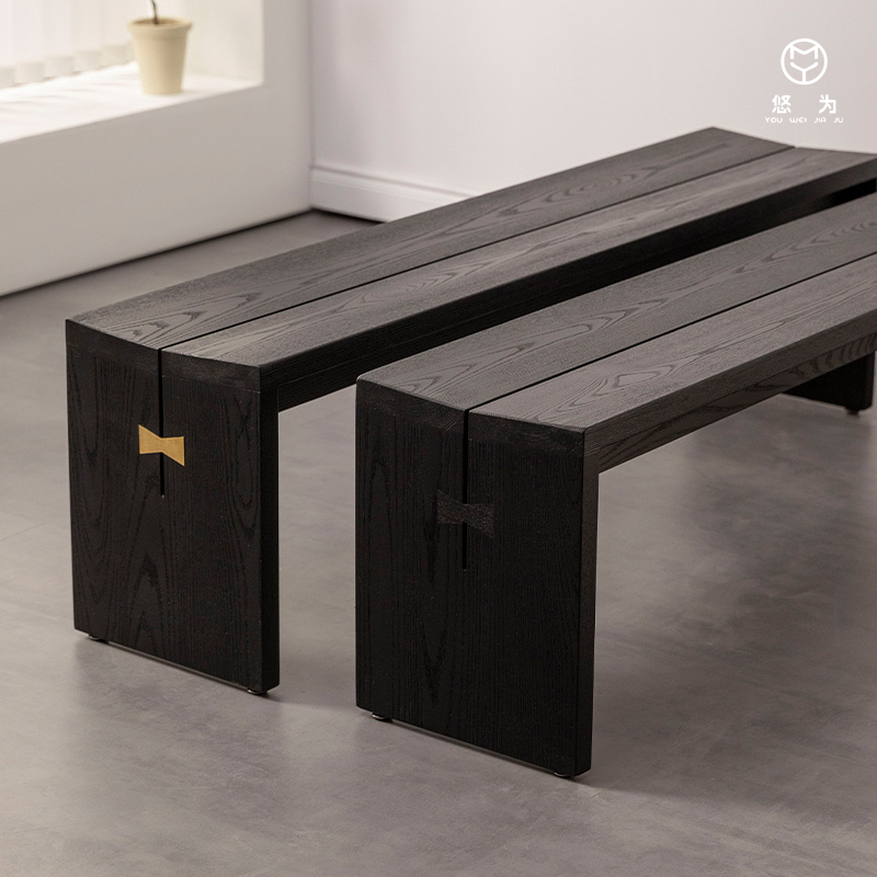 Yowei white ash wood long bench in wabi-sabi style, black dining bench, entryway bench, bedroom end-of-bed bench, shoe-changing bench, long chair