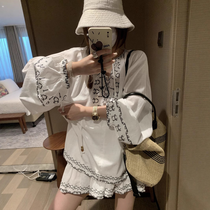 Ethnic Style Linen Tassel Tie V-Neck Cross Embroidery Loose Shirt Top Women's Short Skirt Two-Piece Set