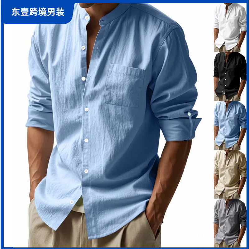 Cross-Border Amazon 2025 Spring and Autum Linen Button Long-Sleeved Shirt Flap Pocket Pants Stand Collar New Chinoiserie Shirt for Men