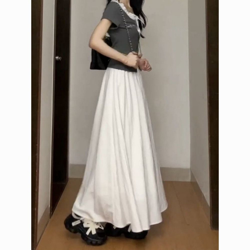 女性のための白い大きな裾のスカート夏の新しいフレンチスタイルスリムフィットアンブレラスカートドレープAラインミドル丈スカート|undefined