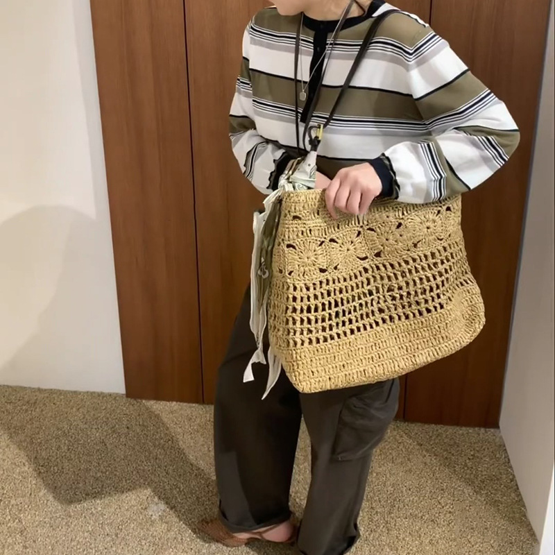 밀짚 가방 여성 대용량 가방 민족 스타일 레트로 어깨 가방 여름 해변 휴가 비치 짠 토트 백