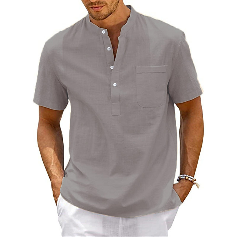 Herren Baumwollleinen Pullover Hemd Mit Stehkragen Kurzarm_voghion.com