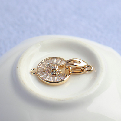 14K保色鑲嵌梯方锆石項鏈手鏈15mm扣頭鏈接扣圓形diy飾品配件鑲鑽