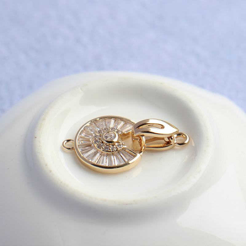 14K保色鑲嵌梯方锆石項鏈手鏈15mm扣頭鏈接扣圓形diy飾品配件鑲鑽