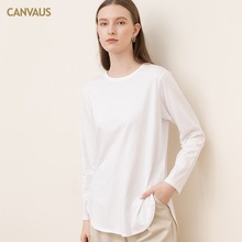 CANVAUS纯棉长袖开叉上衣女圆领宽松新款不规则韩版卫衣打底衫女