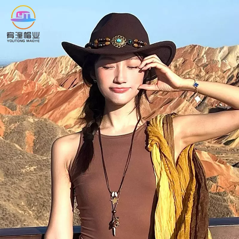 复古西部牛仔帽子女川西旅游防晒遮阳帽藏式爵士帽英伦风爵士礼帽