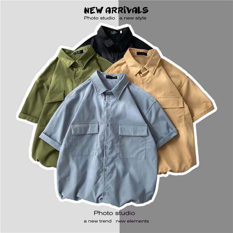 Verano estilo de Hong Kong ins camisa de manga corta de los hombres de doble bolsillo de moda estudiante suelta media manga casual ropa de trabajo camisa