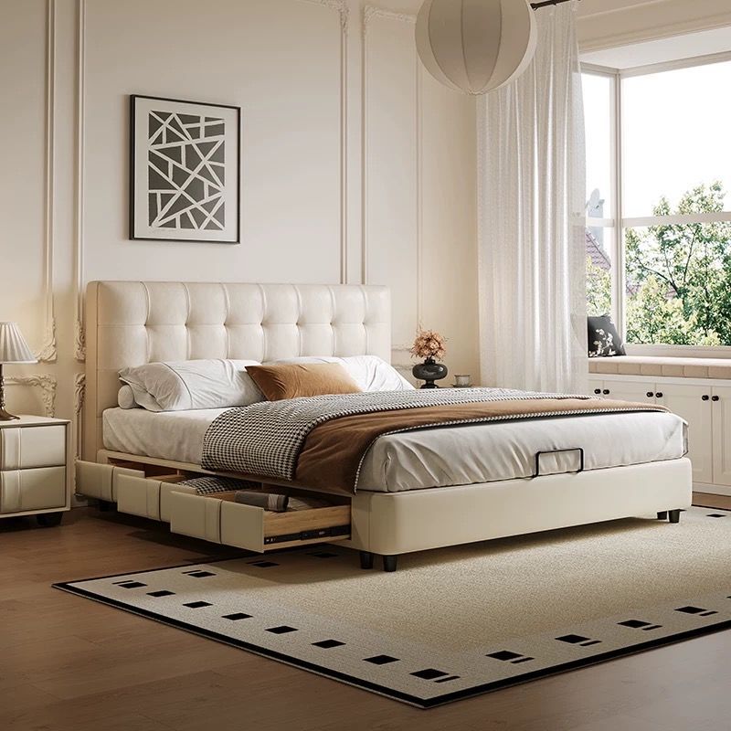 Home Furnishing Waffle-Style French Cream-Style Small Apartment Master Bedroom Double Bed Retro-Style Storage Bed Factory Wholesale