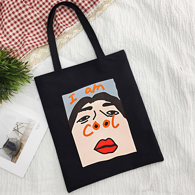 I Am Cool I Cool Letter Print Canvas Bag Shoulder Bag Student Fashion Tote Shopping Bag Cross Border