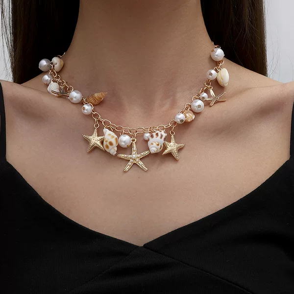 Bohemian Summer Beach Shell Necklace Bracelet Women's Imitation Pearl Starfish Conch Jewelry Jewelry European and American Cross-Border