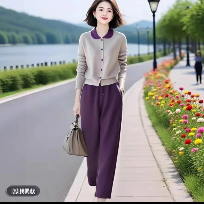 娃娃领早秋2025新款小清新撞色设计感纯色开衫套装女|undefined