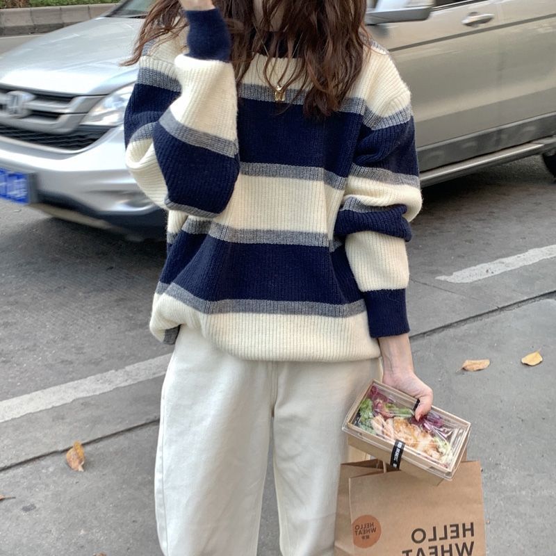 Korean loose contrasting striped pullover for women, 2023 autumn and winter new collection, lazy style, worn outside,_voghion.com