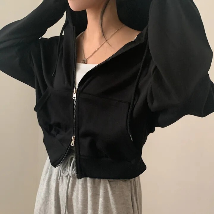 Korean Ins Autumn Korean Style Lazy Style Pure Color Double Zipper Short Hooded Sweatshirt Jacket Women's Versatile Top