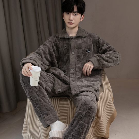 2025 New Pajamas for Men in Autumn and Winter Fleece-Lined and Thickeneded Long-Sleeved Warm Coral Velvet Flannel Home Wear Set