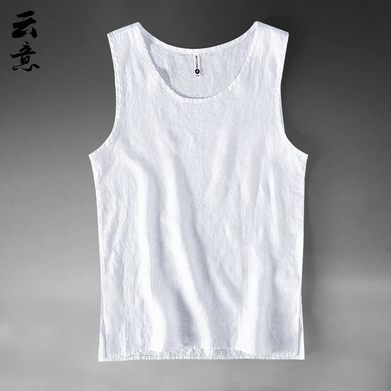 Pure Linen Vest Men's Summer Thin Large Size Beach Loose Cut Sleeve Linen Sleeveless Singlet Pure Color Waistcoat