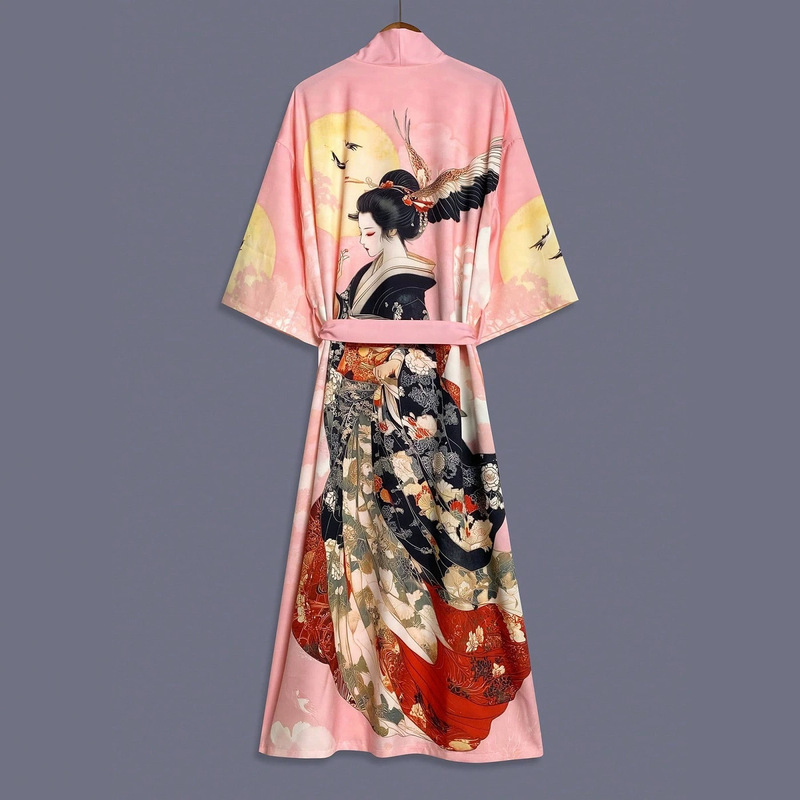 Japanese Retro-Style Floral Print Mid-Length Kimono Cardigan for Women, Summer Thin Style with Tie, Elegant Vacation Style
