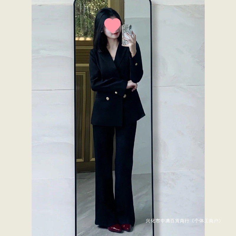 女性用クロスボーダースーツスーツ、春と秋の新しいスタイル、スリムでプロフェッショナルなフォーマルウェア、黒のスーツ、ワイドレッグパンツ2枚|undefined