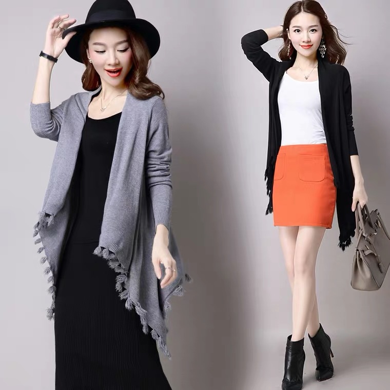 Popular europeo y americano nuevo punto cardigan mujeres de mediados de longitud de la borla Batwing camisa exterior chal capa