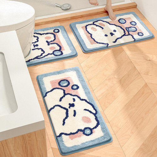 New cartoon bathroom flocking absorbent floor mat bathroom non-slip three-piece set PU leather carpet bedroom bedside mat