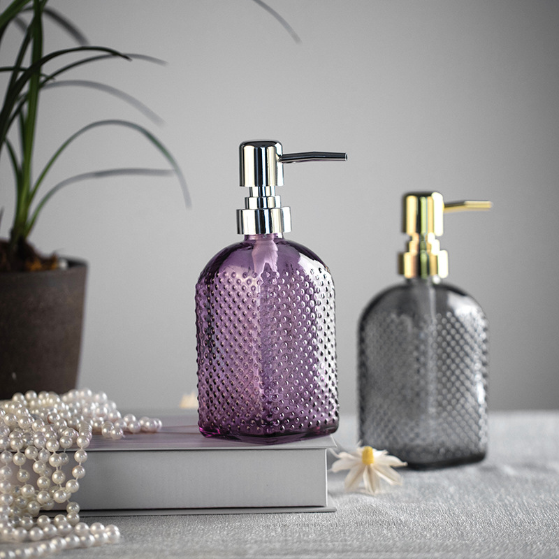 Spot al por mayor botella de desinfectante de manos de vidrio de color botella de champú de prensa nórdica botella de gel de ducha loción de vidrio vacío