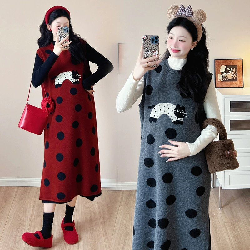 Платье для беременных 2024 осень-зима новая корейская версия минус раскрест свободная вязаная юбка с тонким дном