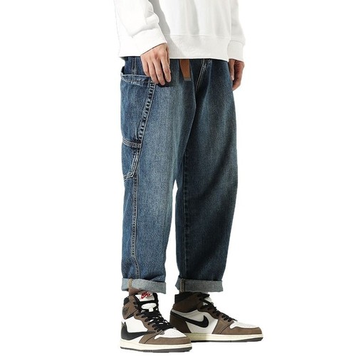 Monte Carlo Japanese workwear jeans for men, loose fit, trendy brand with multiple pockets, straight-leg long pants, American-style men's casual pants, fashionable