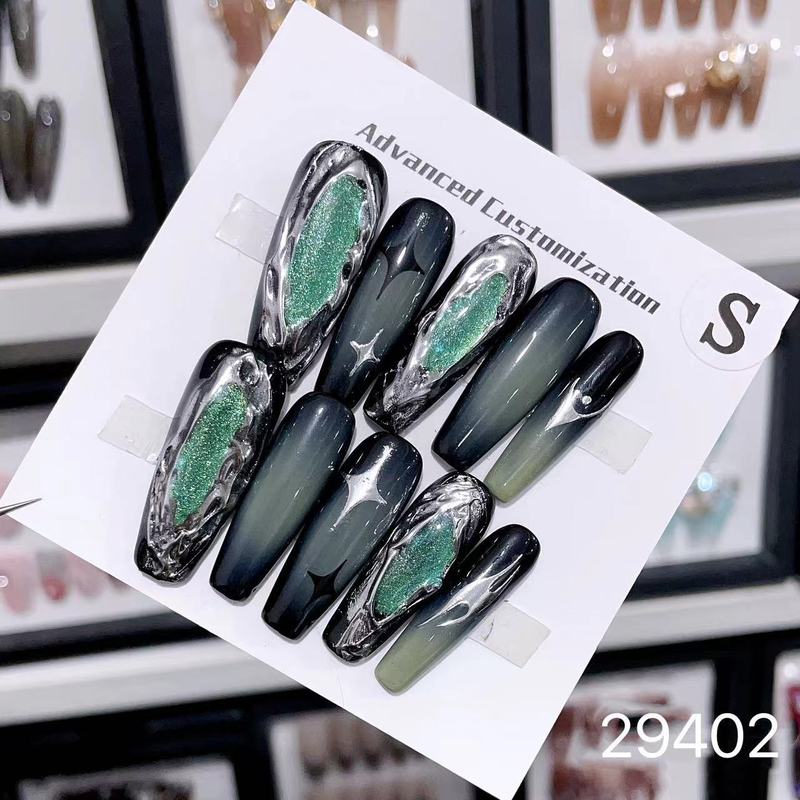 【純手作りのつけ爪29-32】ロングフレンチキャットアイパッチ付け爪、取り外し可能なネイルアートコレクション|undefined
