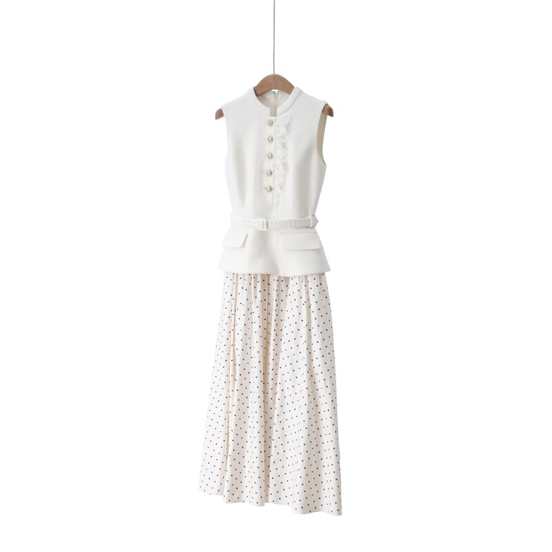 【Socialite Style】26 Spring/Summer New Ivory White Elegant Faux Two-Piece Tweed Patchwork Polka Dot Dress for Women