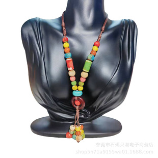 W874 Bohemian Ethnic Style Long Ceramic Tassel Necklace Retro Simple All-match Woolen Chain Cotton and Linen Accessories