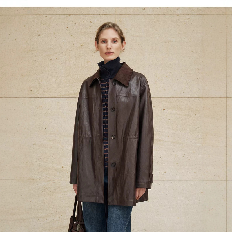 MM Maierong retro lapel mid-length leather jacket for women, loose-fitting motorcycle style, 2026 autumn Maillard windbreaker MM Maierong retro lapel mid-length leather jacket for women, loose-fitting motorcycle style, 2026 autumn Maillard windbreaker