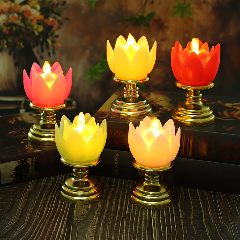 Gold bottom colorful lotus lamp LED simulation candle lamp ornaments Dharma Guanyin God of Wealth Buddha lamp ever bright lamp wholesale