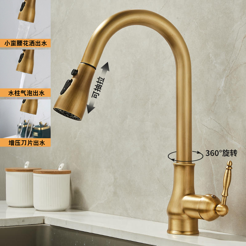 厨房抽拉式冷热水龙头洗菜盆伸缩旋转洗碗池水槽防溅水仿古铜龙头