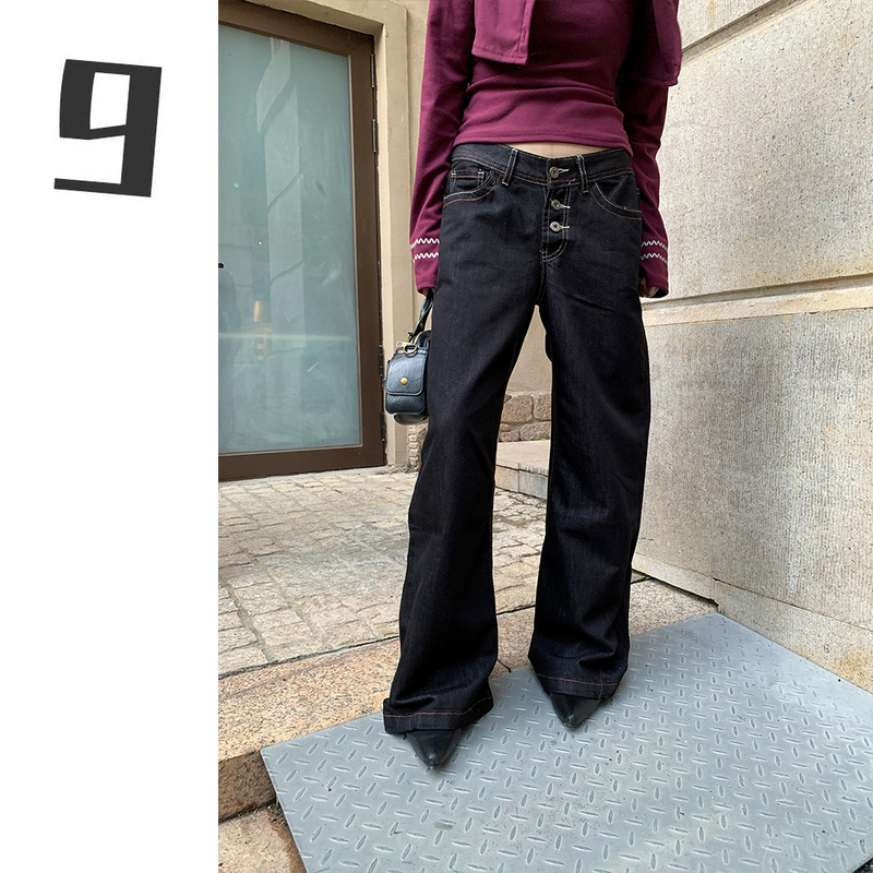 [9Hour] Retro Denim Scimitar Jeans for Women 2025 Autum Small Buttoned Wide Leg Pants for Women Cx2233