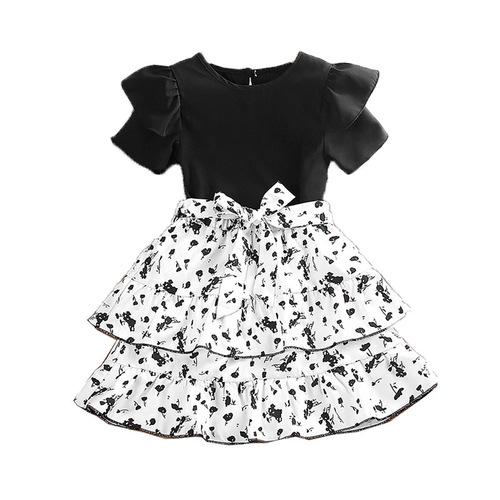 Ladie's Set 2024 Summer New Ruffled Short-Sleeve Top and Floral Cupcake Skirt Two-Piece Cross-Border Children's Clothing Wholesale