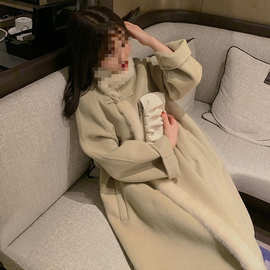 民国风毛呢中长款外套女秋冬新款小个子拼接毛毛保暖气质呢子大衣