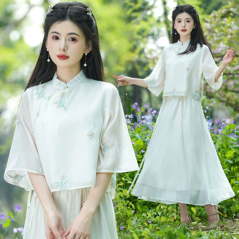 Новый летний китайский стиль, ретро-вышитый костюм Тан с элементами Хань, улучшенный топ Ханфу, чеонсам, чайный костюм в китайском стиле, костюм из двух предметов