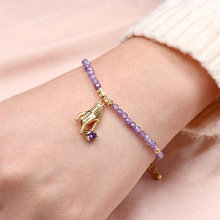 歐美時尚切面紫晶石頭珠串手鏈INS創意銅鑲微鋯手勢愛心吊墜手飾