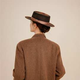 高级感做旧英伦宽檐羊毛帽子礼帽毛呢爵士帽平檐秋冬赫本平顶帽