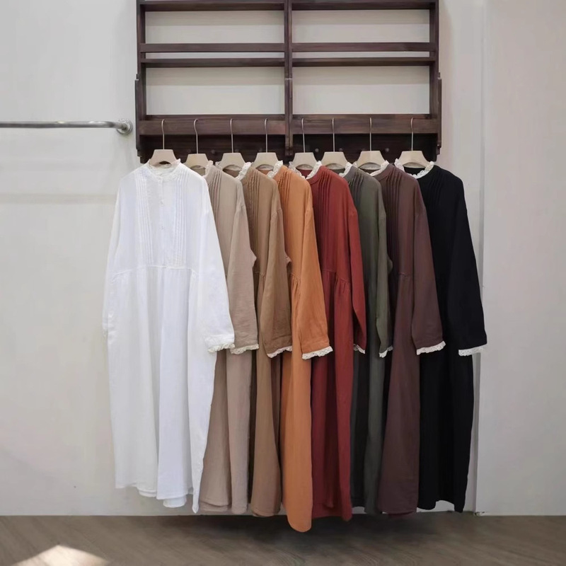 Japanese Mori Style Double-layer Cotton Yarn dress Spring New Loose All-match Age-reducing Llace Collar Half Buckle Long Dress Japanese Mori Style Double-layer Cotton Yarn dress Spring New Loose All-match Age-reducing Llace Collar Half Buckle Long Dress