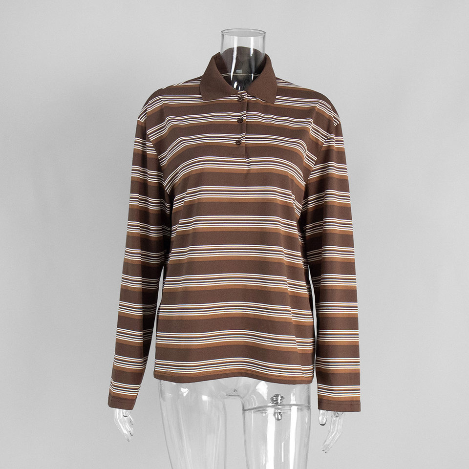 Áo thun nữ sọc dài tay cổ polo dáng rộng phong cách retro — hồng, màu nâu, nâu sẫm, quần kaki chi tiết 7