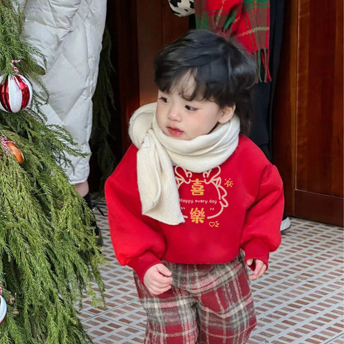 红色新年款喜庆男女童卫衣套装加绒韩版冬装保暖宝宝圆领绒衫上衣