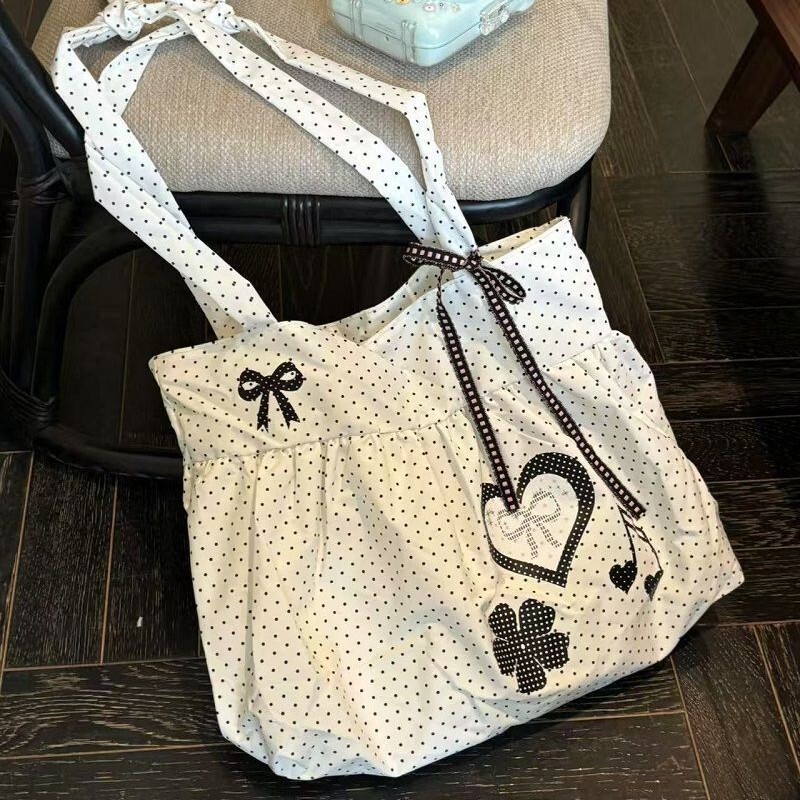 New Cute and Versatile Polka Dot Love Printed Skirt Large Capacity Tote Bag Single Shoulder Commuter Bag Girly Heart