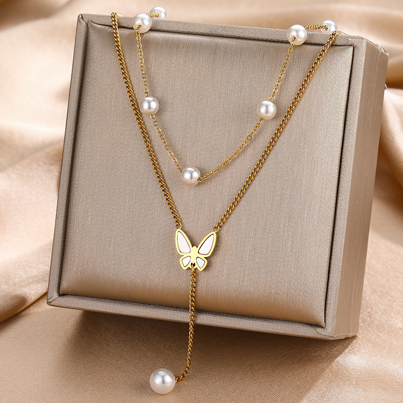 Titan Stahl IG-Stil Schmetterling Überzug Inlay Künstliche Perlen Doppellagige Halsketten display picture 14