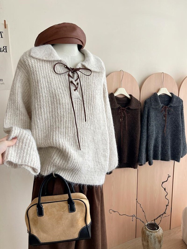 Lapel Tie-Neck Soft Sweater for Women, Spring Relaxed Casual Knitwear, Trendy Coffee Color Top, 2026 Spring Collection Lapel Tie-Neck Soft Sweater for Women, Spring Relaxed Casual Knitwear, Trendy Coffee Color Top, 2026 Spring Collection