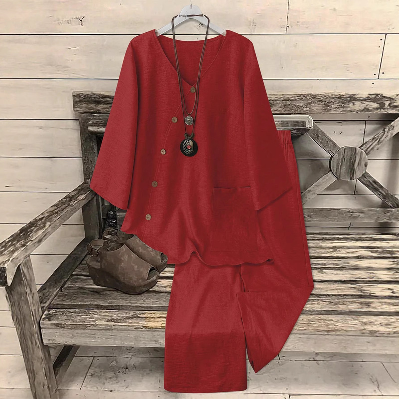 Women's V-Neck Top with Coconut Button Decoration, 3/4 Sleeves + Straight-Leg Pants, Casual/Workwear Two-Piece Set Women's V-Neck Top with Coconut Button Decoration, 3/4 Sleeves + Straight-Leg Pants, Casual/Workwear Two-Piece Set