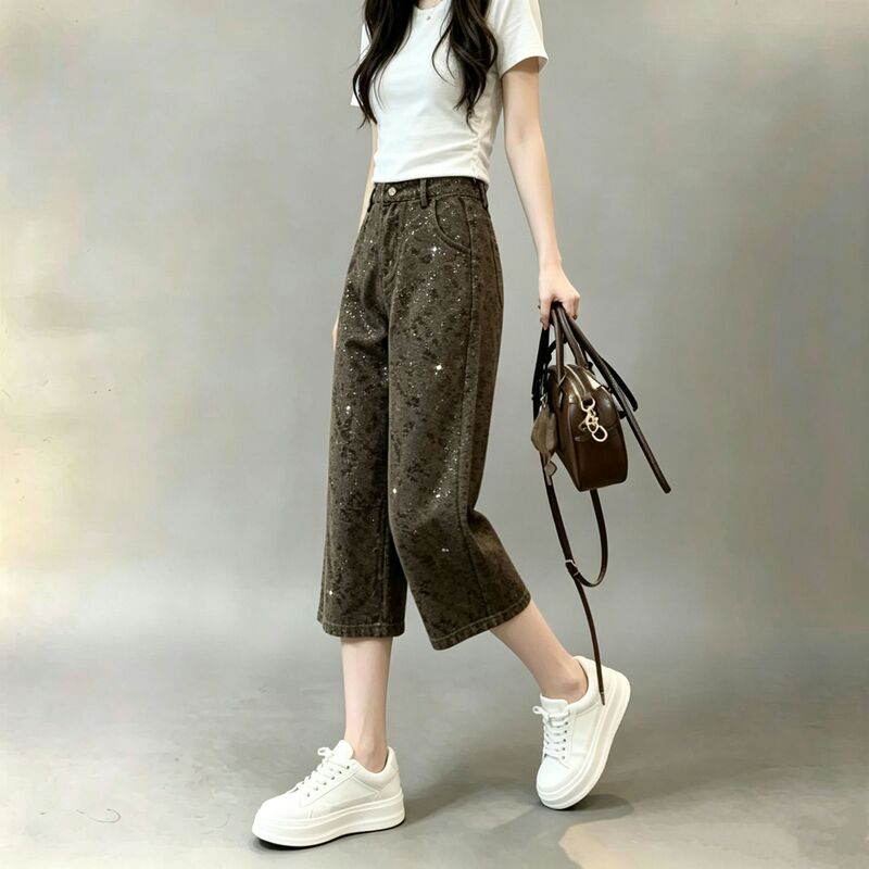 American Retro Jacquard Rhinestone-Studded Shiny Cropped Jeans for Women, New Summer Design, High-Waisted Rhinestone Wide-Leg Pants American Retro Jacquard Rhinestone-Studded Shiny Cropped Jeans for Women, New Summer Design, High-Waisted Rhinestone Wide-Leg Pants