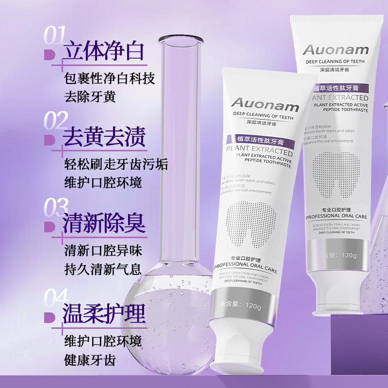 Auonam extracto vegetal péptido activo pasta de dientes aliento fresco perfumar duradero desamarillo desmancha reducción de olor suave fabricante