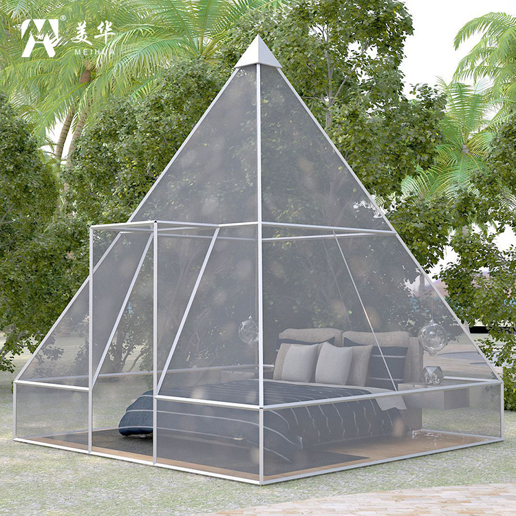 Tienda creativa de forma especial acrílico Pirámide de vidrio orgánico transparente cielo estrellado Hotel característica cama y desayuno tienda